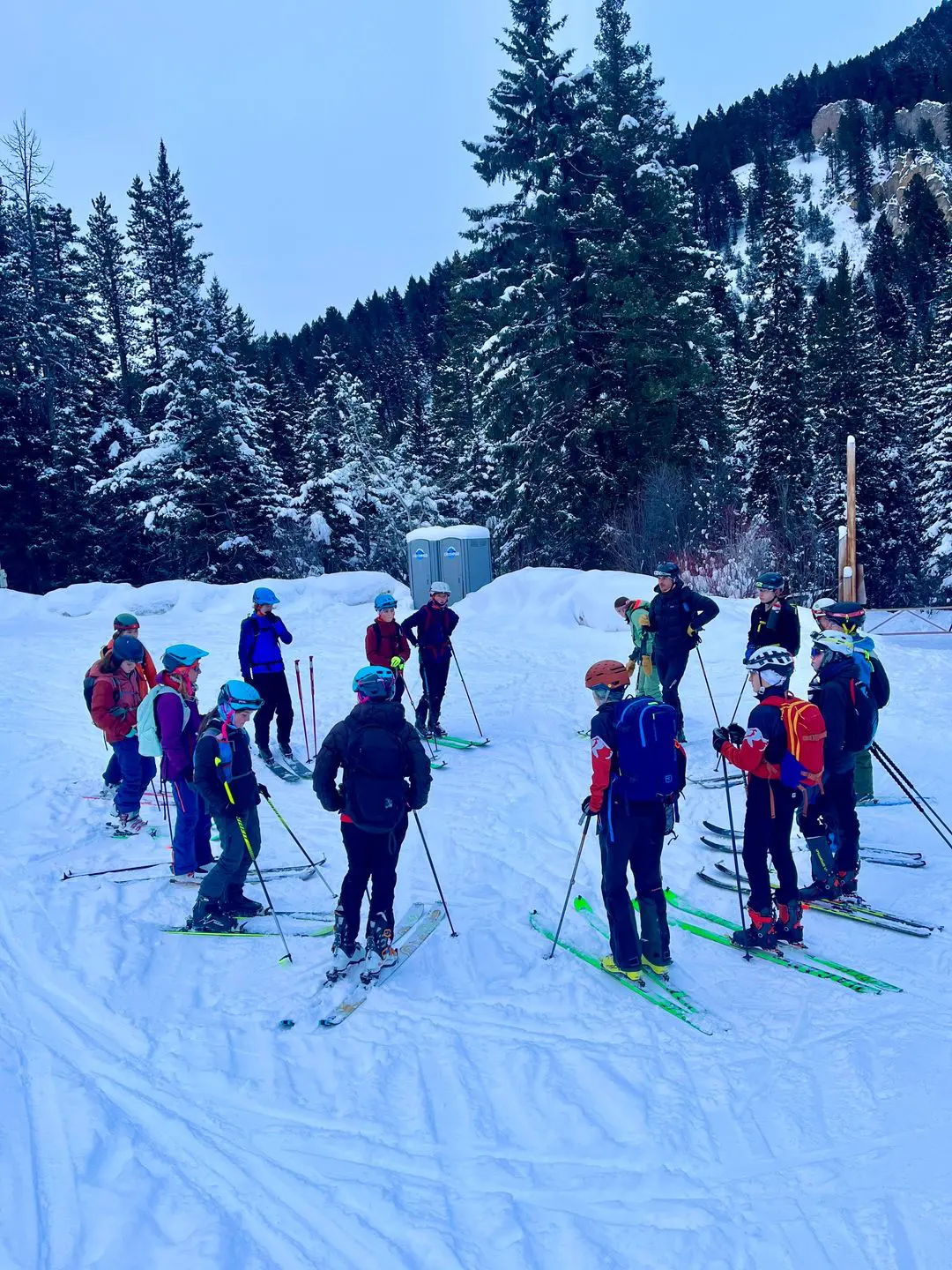Group of backcountry skiers in winter landscape