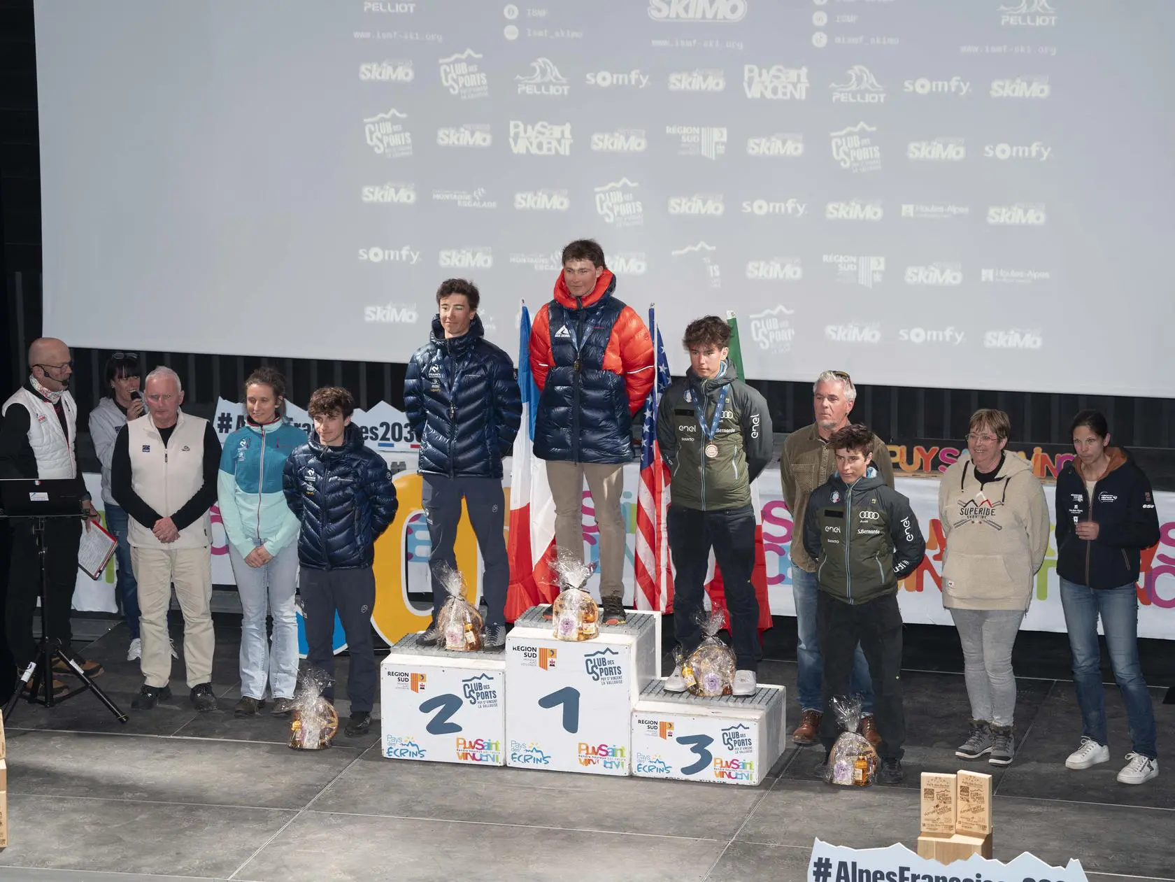Ski racers on podium