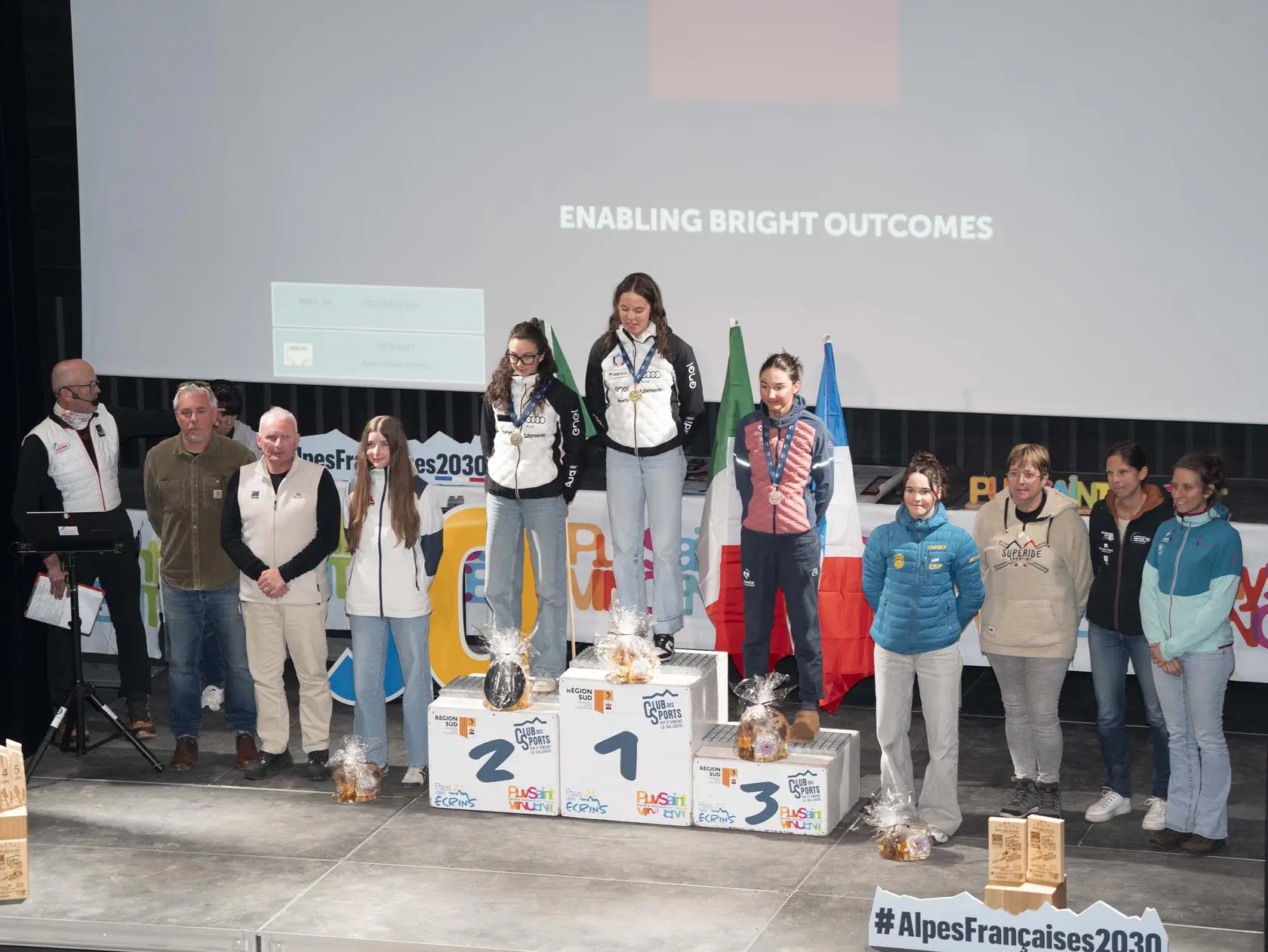 Winter sports winners on a podium