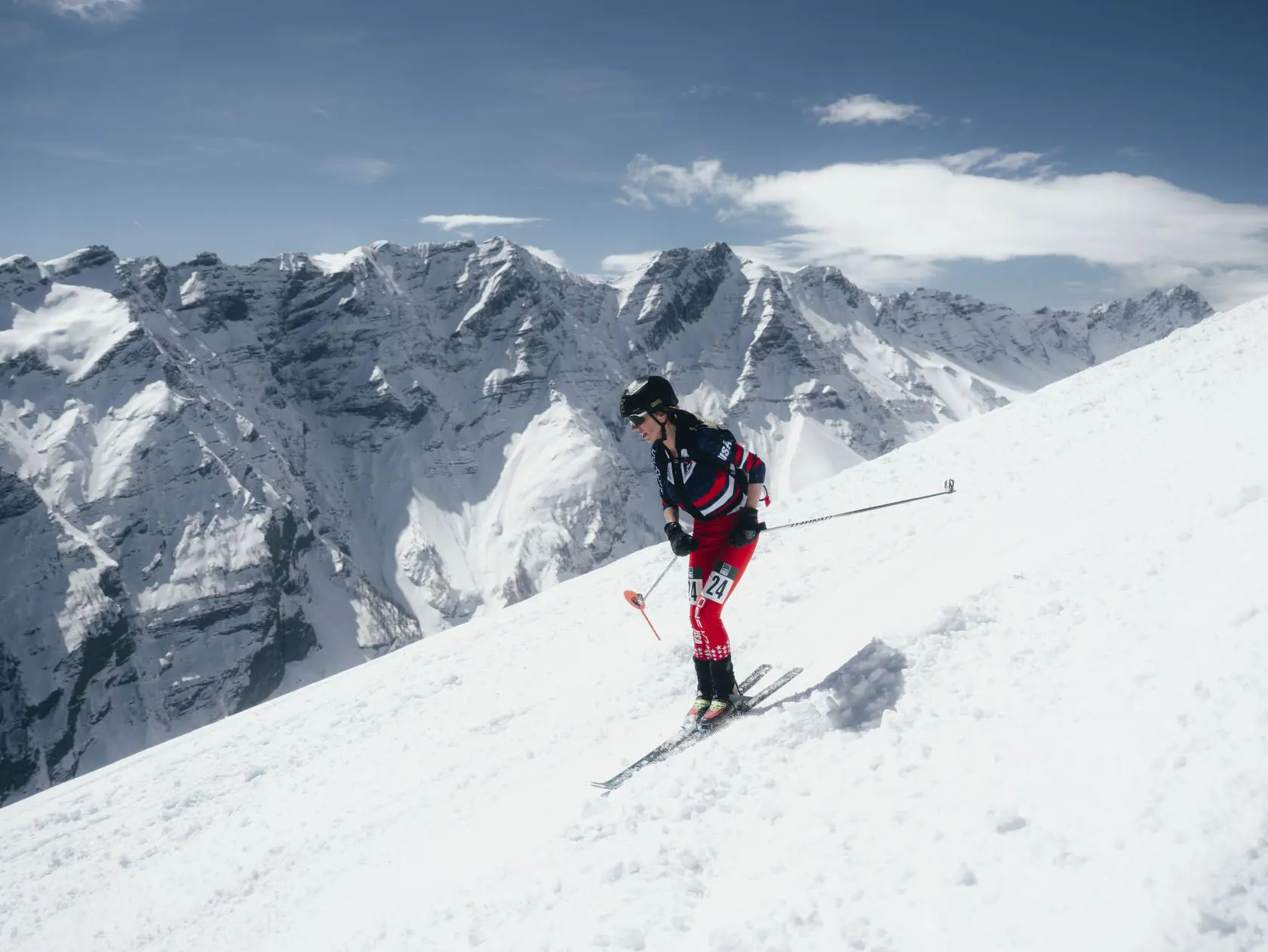 Skier in red and blue USA suit