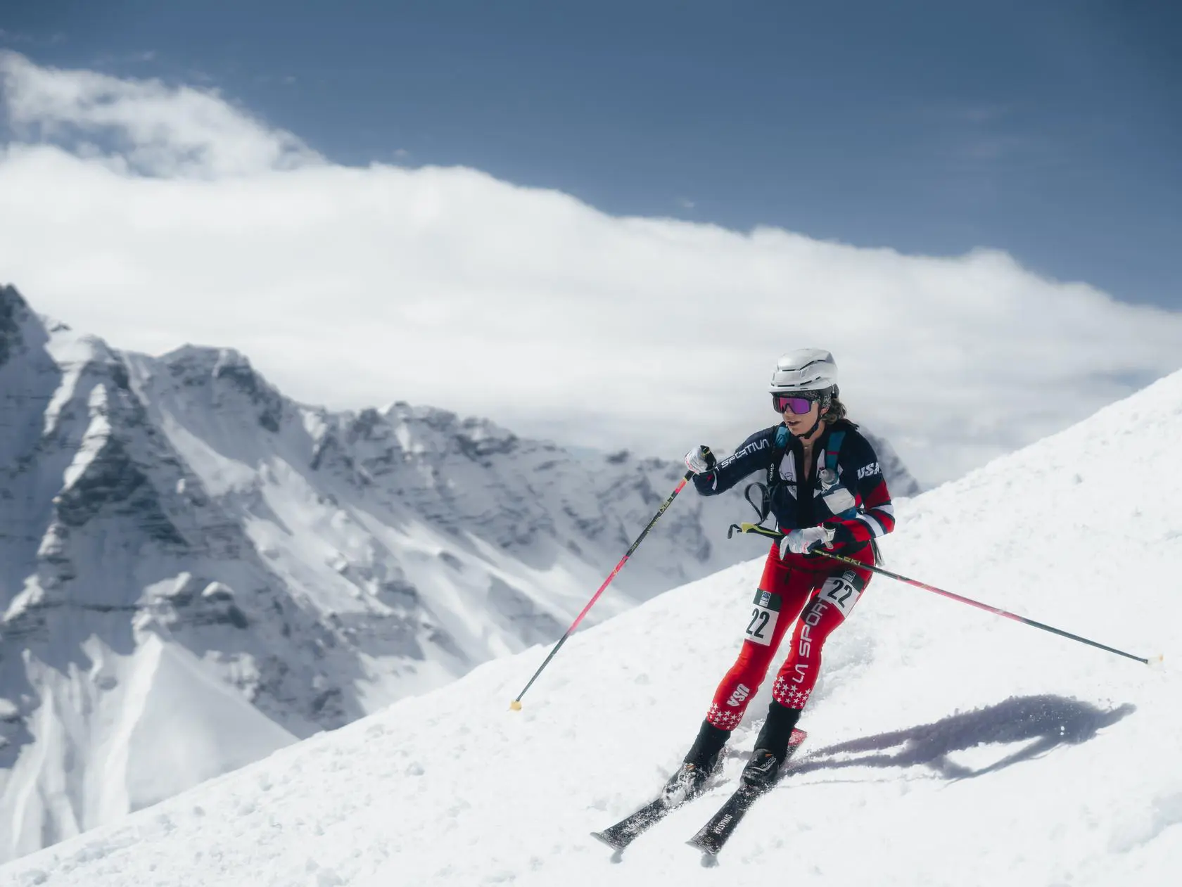 Skier in red suit