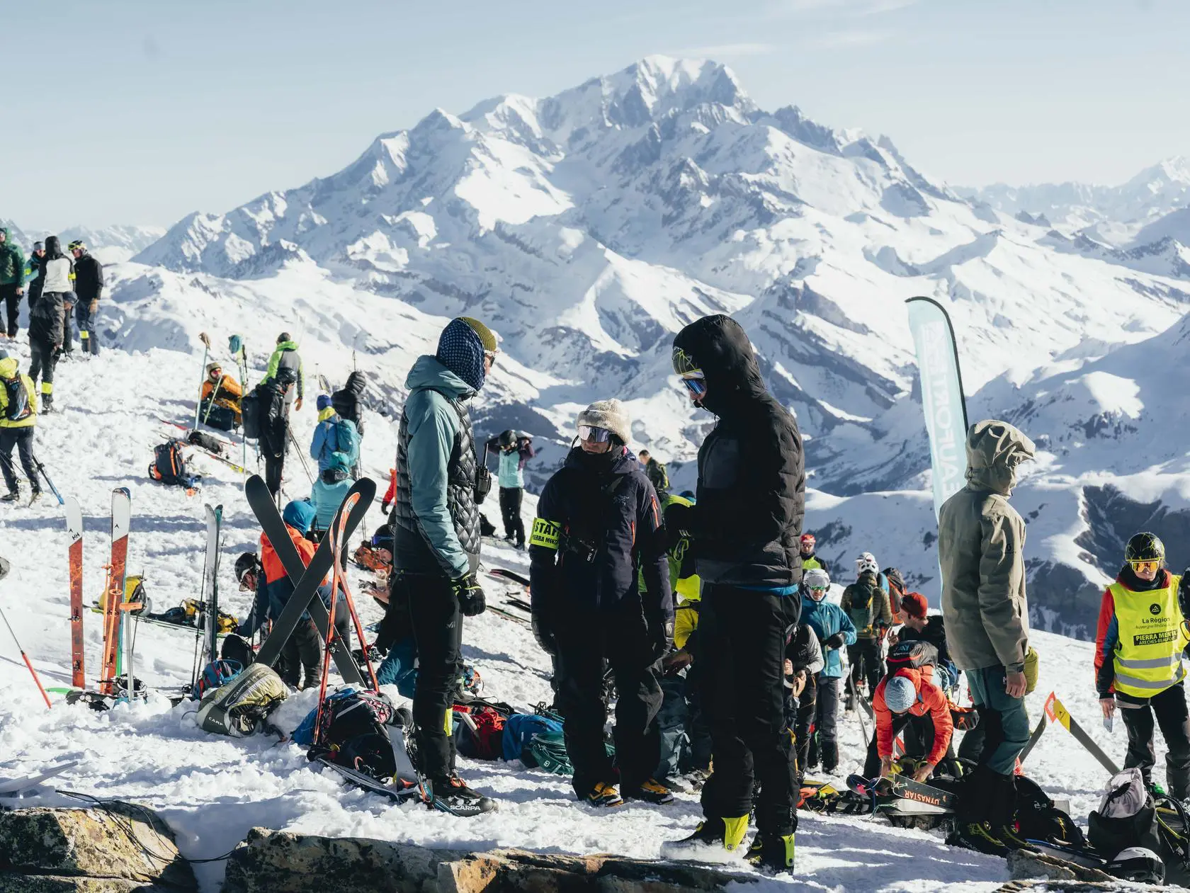 Group of skiers on a mountain with snow