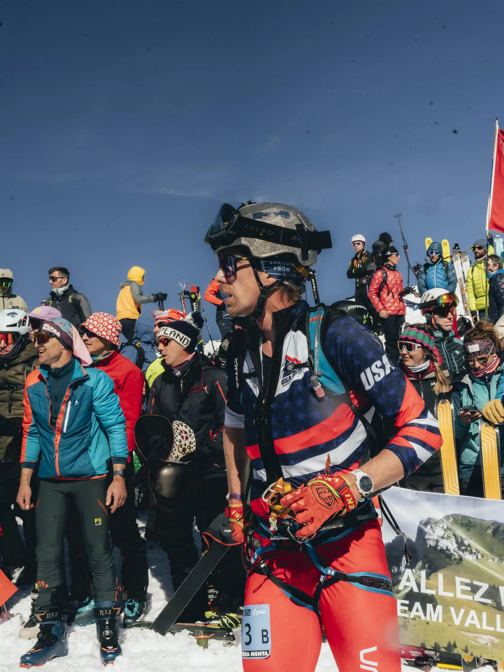 Ski mountaineering competitor in crowd