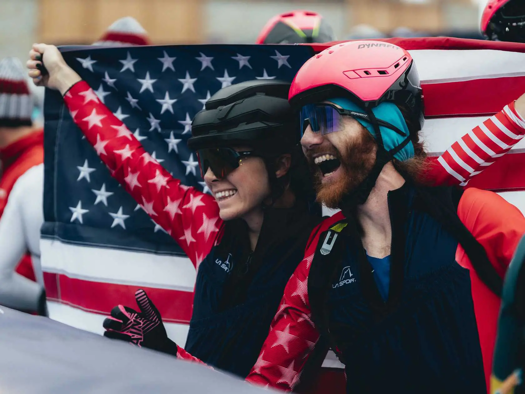Ski mountaineers with US flag