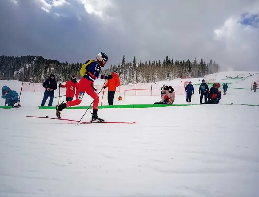 Group of people skiing down a snow covered slope, with some of them holding ski poles