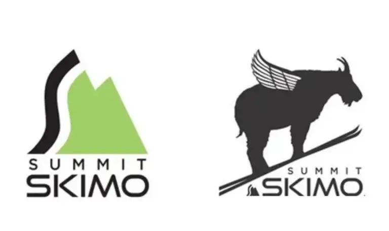 Skimo logos: mountain, winged goat skiing
