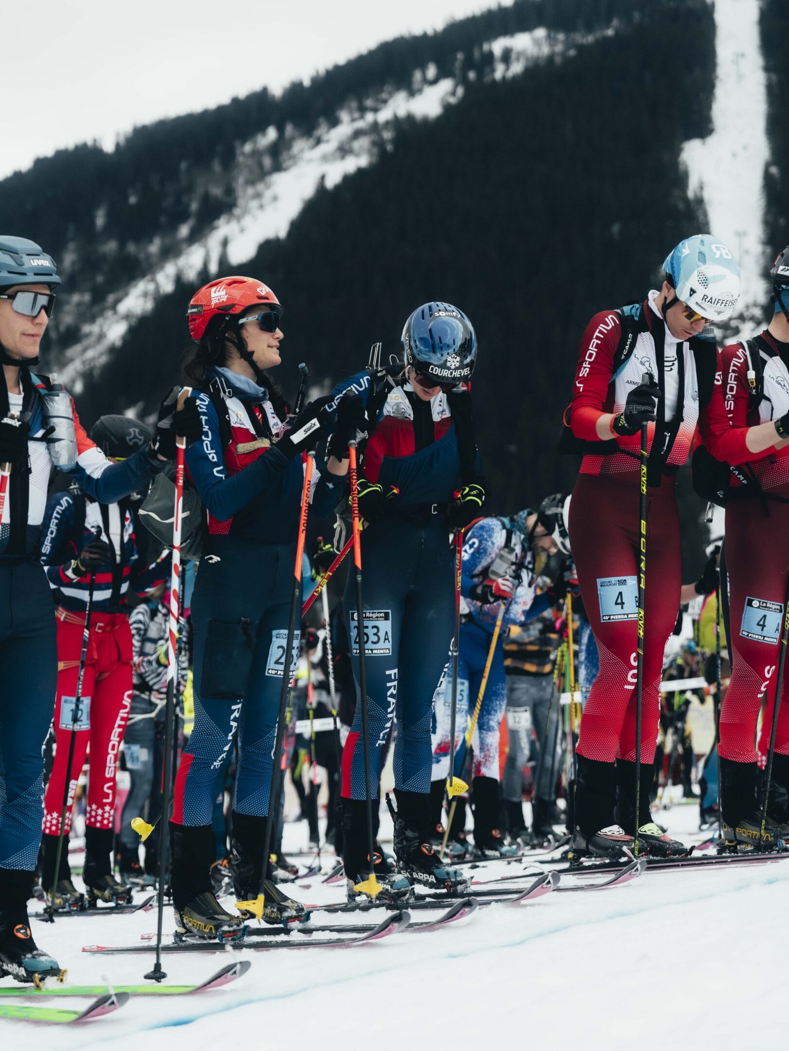 Skiers in race gear ready for start